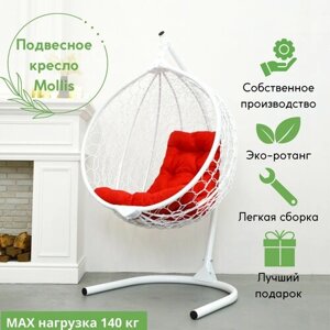 Подвесное кресло садовое кресло кокон для отдыха дома Mollis Ажур 140 кг EcoKokon одноместное со стандартной стойкой Белый с красной подушкой трапеция