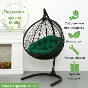 Подвесное кресло садовое кресло кокон Mollis Ажур 140 кг EcoKokon одноместное со стандартной стойкой Коричневый и зеленой круглой подушкой