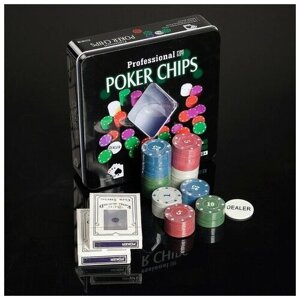 Покер, набор для игры (карты 2 колоды, фишки 100 шт. с номиналом, 20х20 см