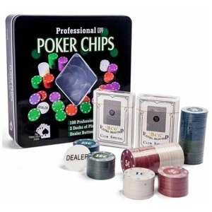 Покерный набор "Premium Poker", 100 фишек с номиналом, в жестяной коробке