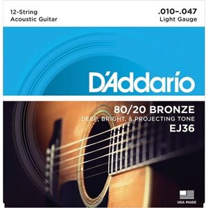 Струны для акустической 12-струнной гитары бронза Light 10-47 D'Addario EJ36 BRONZE 80/20