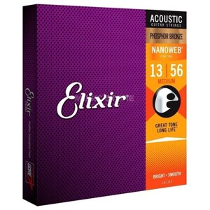 Струны для акустической гитары Elixir 16102 Medium Nanoweb Phosphor Bronze 13-56