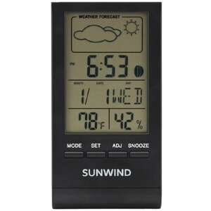 Термометр SunWind, часы, будильник, календарь, отображение фаз луны), черного цвета