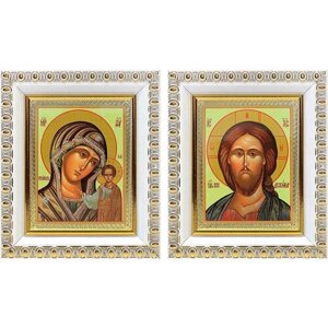 Венчальная пара "Спаситель-Казанская"лики № 108-109), две иконы в белых пластиковых рамках 8,5*10 см