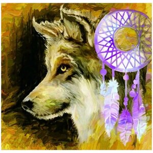 Алмазная мозаика на холсте с подрамником (картина круглыми стразами) 50х50 Магический волк и тотем