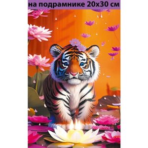 Алмазная мозаика на подрамнике 20х30 Тигр цветы, алмазная живопись 30х20, 30*20, Наборы с круглыми стразами полная выкладка