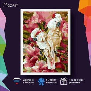 Алмазная мозаика Попугаи в цветах / MozArt / вышивка стразами 30х40