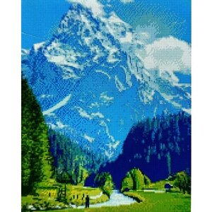Алмазная мозаика "Зимний горный пейзаж" 40/50 утес и лес у реки , озеро, горы, зима, грот, снег