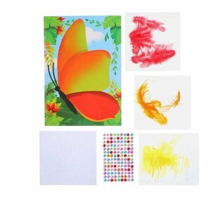 Аппликация перьями "Прекрасная бабочка", стразы, раскраска в комплекте, размер: 14,8 х 21 см, для детей и малышей