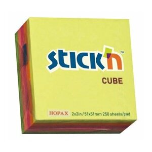 Блок самоклеящийся бумажный STICK`N 21203, 51x51, 250 л, 5 цв, неон