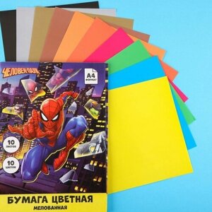 Бумага цветная мелованная «Человек-паук», А4, 10 листов, 10 цветов, Человек-паук, 3 штуки