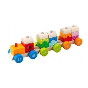 Деревянная игрушка-каталка "Поезд с пирамидками. Веселый вагончик", 34x8x10 см