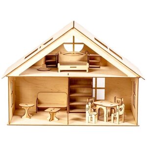Деревянный Кукольный домик №7-1 "Малый c мебелью"1 этаж с мансардой) для кукол 7-13 см