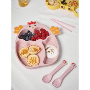 Детская посуда набор Цыпленок детская тарелка, ложка, вилка, розовая