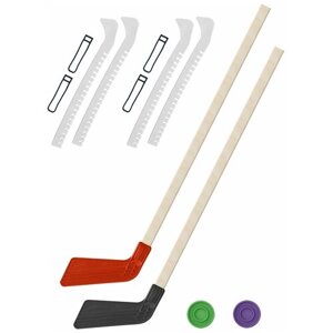 Детский хоккейный набор для игр на улице, свежем воздухе для зимы для лета 2 Клюшки хоккейных красная и чёрная 80 см. 2 шайбы + Чехлы для коньков белые - 2 шт.