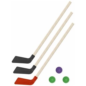 Детский хоккейный набор для игр на улице, свежем воздухе для зимы для лета 3 в 1/ Клюшки хоккейных 80 см красная, черная, зеленая +3 шайбы, Задира-плюс