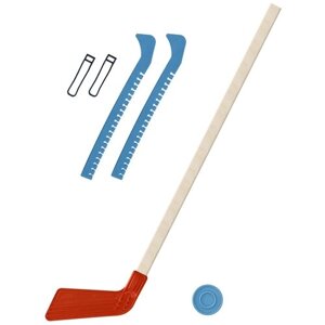 Детский хоккейный набор для игр на улице, свежем воздухе для зимы для лета Клюшка хоккейная красная 80 см. шайба + Чехлы для коньков белые