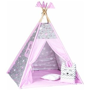 Детский Вигвам/палатка/домик с ковриком, окошком, подушкой-игрушкой, подушкой, флажки и системой антискладывания "Балеринки"
