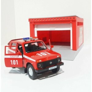 Гараж пожарная станция с металлической пожарной машинкой нива (12 см, инерция, отрываются двери)