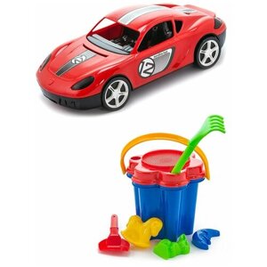 Игрушки для песочницы для снега Игрушка Детский автомобиль (Молния) красный + Песочный набор Цветок