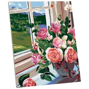 Картина по номерам на холсте с подрамником «Букет роз на окне» 40х50 см