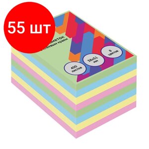 Комплект 55 штук, Бумага для заметок с клеевым краем Economy 38x51 мм, 400 л, 8 цветов в асс