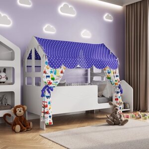 Кроватка детская домик "Сладкий сон" с текстилем (Вход справа, синий, с машинками)