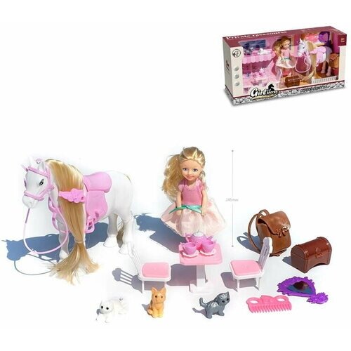 Кукла (14см) с лошадкой и аксессуарами (16 предметов)в коробке