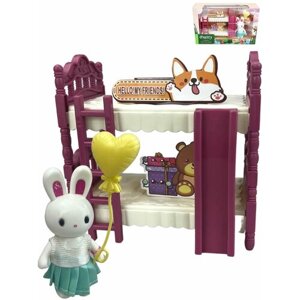 Кукла - фигурка зайчик с набором мебели и аксессуарами Спальня, кроватка с горкой с лестницей, мебель в кукольный домик