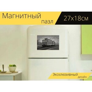Магнитный пазл "Локомотив, электровоз, железная дорога" на холодильник 27 x 18 см.