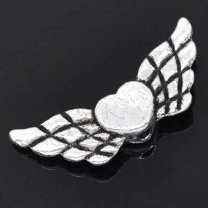 Металлическая бусина Сердце с Крыльями 0008571 серебряный цвет 22x9 мм, цена за 10 шт.