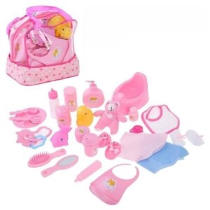 Набор аксессуаров для пупса КНР 26 предметов, розовый стиль, в сумочке (LD9814A)
