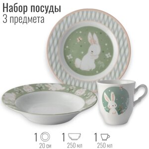 Набор детской посуды из фарфора Зайка, 3 предмета: тарелка плоская, тарелка глубокая, кружка