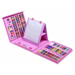 Набор для рисования "Чемоданчик юного художника", 208 предметов: карандаши, кисти, краски, фломастеры. с мольбертом, розовый