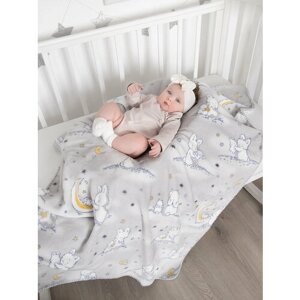 Плед плюшевый 75х100 см для новорожденных в кроватку, коляску "Лунный зайчик", серый