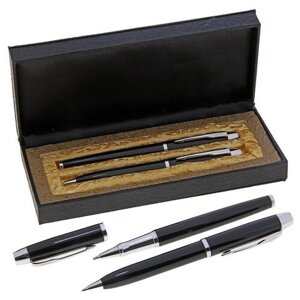 Ручки подарочные, 2 шт: капиллярная, шариковая поворотная "Вектор" в кожзам футляре, чёрные с серебристыми вставками
