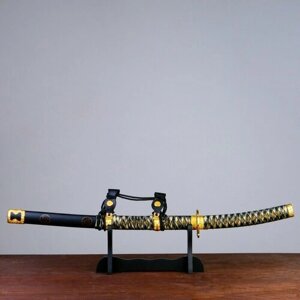Сувенирное оружие Катана на подставке, чёрные ножны, бежево коричневая обмотка, 78см