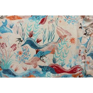Ткань крепдешин персиковый с цветами и птицами