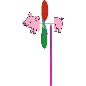 Ветерок цветочек, ветряная мельница, игрушка - вертушка для детей с фигуркой животного свинка, диаметр 23.5 см.