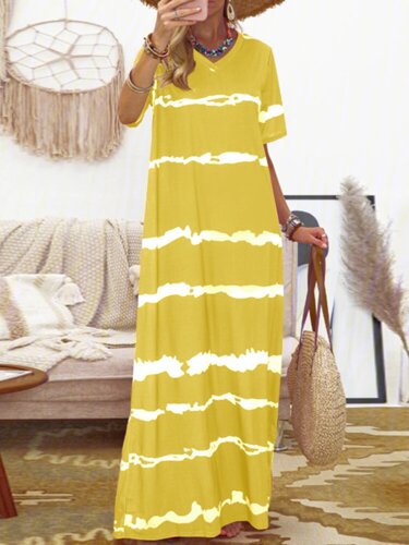 Богемная полоса с принтом Clash Color Splicing Дизайн V-образный вырез Платье