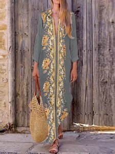 Bohemian Женское V Шея Цветочный принт Пляжный Holiday Split Maxi Платье
