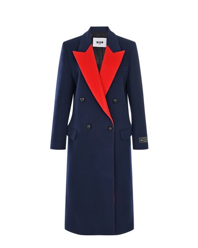Двубортное пальто с красными лацканами, синее MSGM