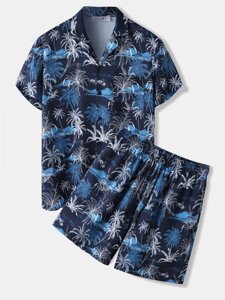 Mens Allover Кокос Tree Print Revere Collar Vacation Two Pieces Outfits