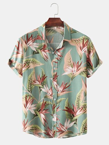 Мужские хлопковые рубашки с цветочным принтом с отложным воротником Hawaii Holiady Рубашки с коротким рукавом