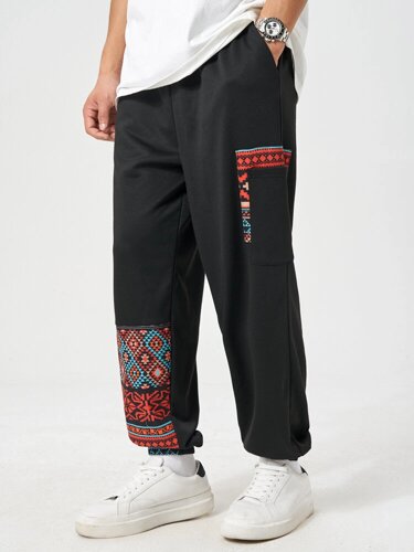 Мужские свободные спортивные штаны с этническим геометрическим принтом в стиле пэчворк