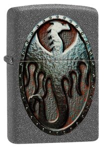 Зажигалка ZIPPO Metal Dragon Shield Design с покрытием Iron Stone, латунь/сталь, серая, матовая, 36x12x56 мм