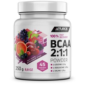 Atlecs BCAA 2:1:1 незаменимые аминокислоты (изолейцин, лейцин, валин) для выносливости, восстановления и роста мышц, фруктовый пунш, порошок 250 гр., 45 порций