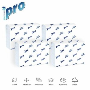 Бумажные полотенца листовые 2 слойные, белые, Z-сложения "PROtissue" Premium, 4 упаковки по 150 листов, размером 21х23 см