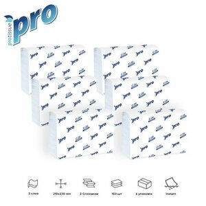 Бумажные полотенца листовые 2 слойные, белые, Z-сложения "PROtissue" Premium, 6 упаковок по 150 листов, размером 21х23 см