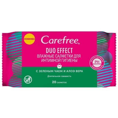 Carefree Влажные салфетки для интимной гигиены Duo Effect с зеленым чаем и алоэ вера, 20 шт. G-KD-547917007